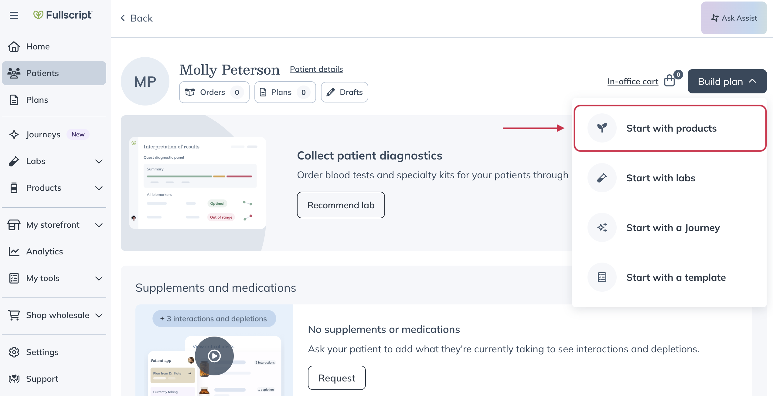 The patient profile page with the Build plan button and Start with products option highlighted.